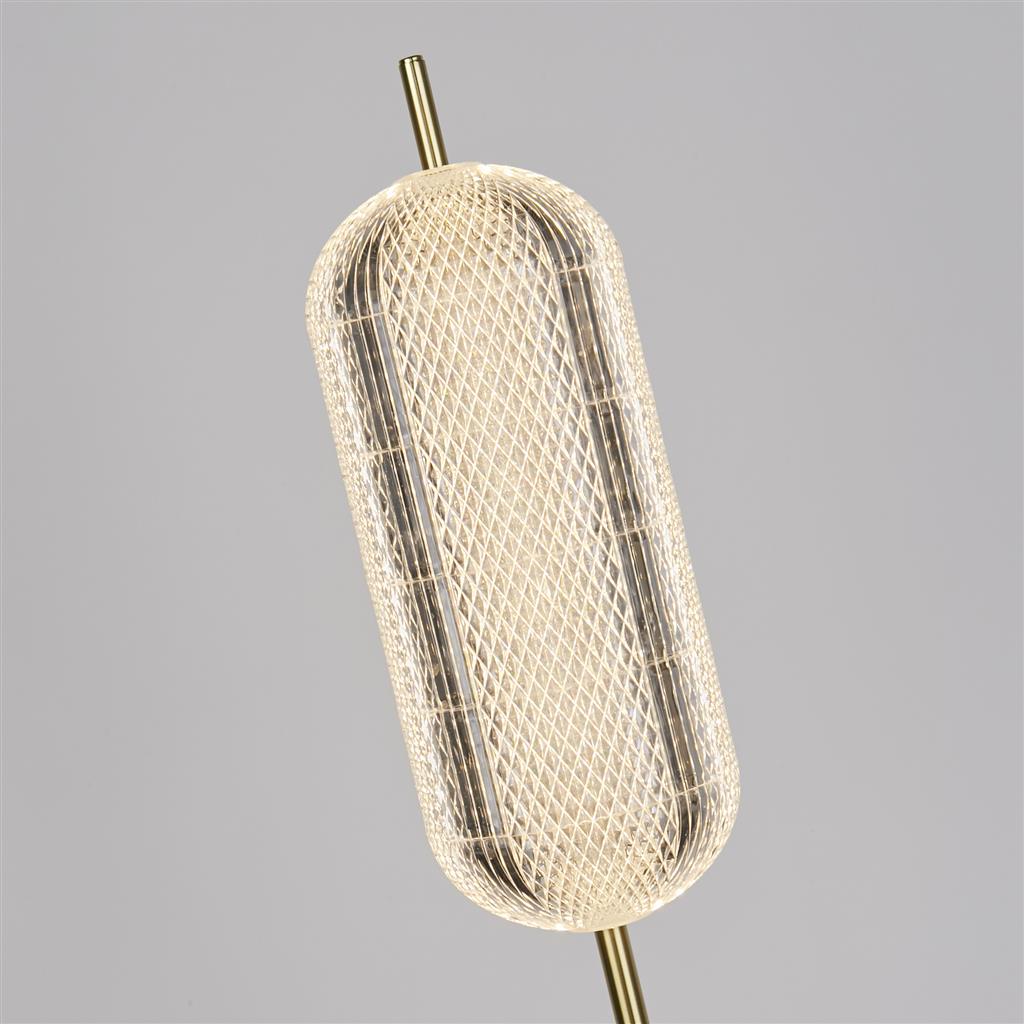 Capsule Messing stehlampe Von Searchlight - Capsule ist eine elegante und moderne Stehleuchte mit Details aus satiniertem Messing und einem Schirm aus Acrylglas, der ein weiches und angenehmes Licht verbreitet.