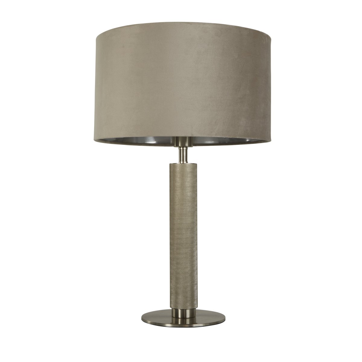 London 63cm Taupe tischlampe Von Searchlight - Die Tischleuchte London ist eine Kombination aus zeitlosem Design und moderner Funktionalit&auml;t und strahlt mit ihrem taupefarbenen Samtschirm Raffinesse und Eleganz aus.