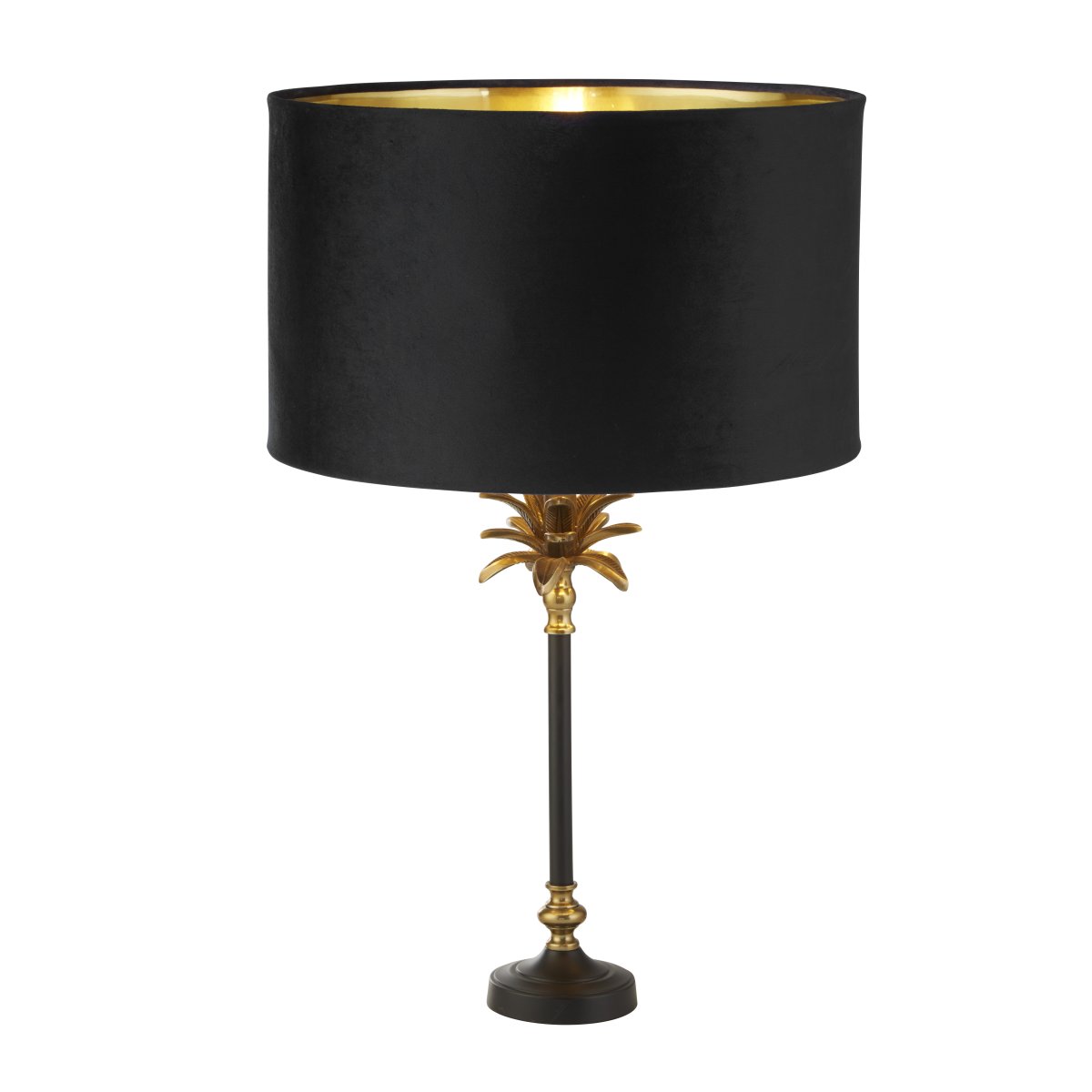 Palm 45cm Schwarz tischlampe Von Searchlight - Es besteht aus hochwertigen Materialien und verfügt über einen mattschwarzen und antiken Messingsockel in Form einer Palme, gekrönt von einem luxuriösen schwarzen Samtschirm mit goldfarbener Innenseite.