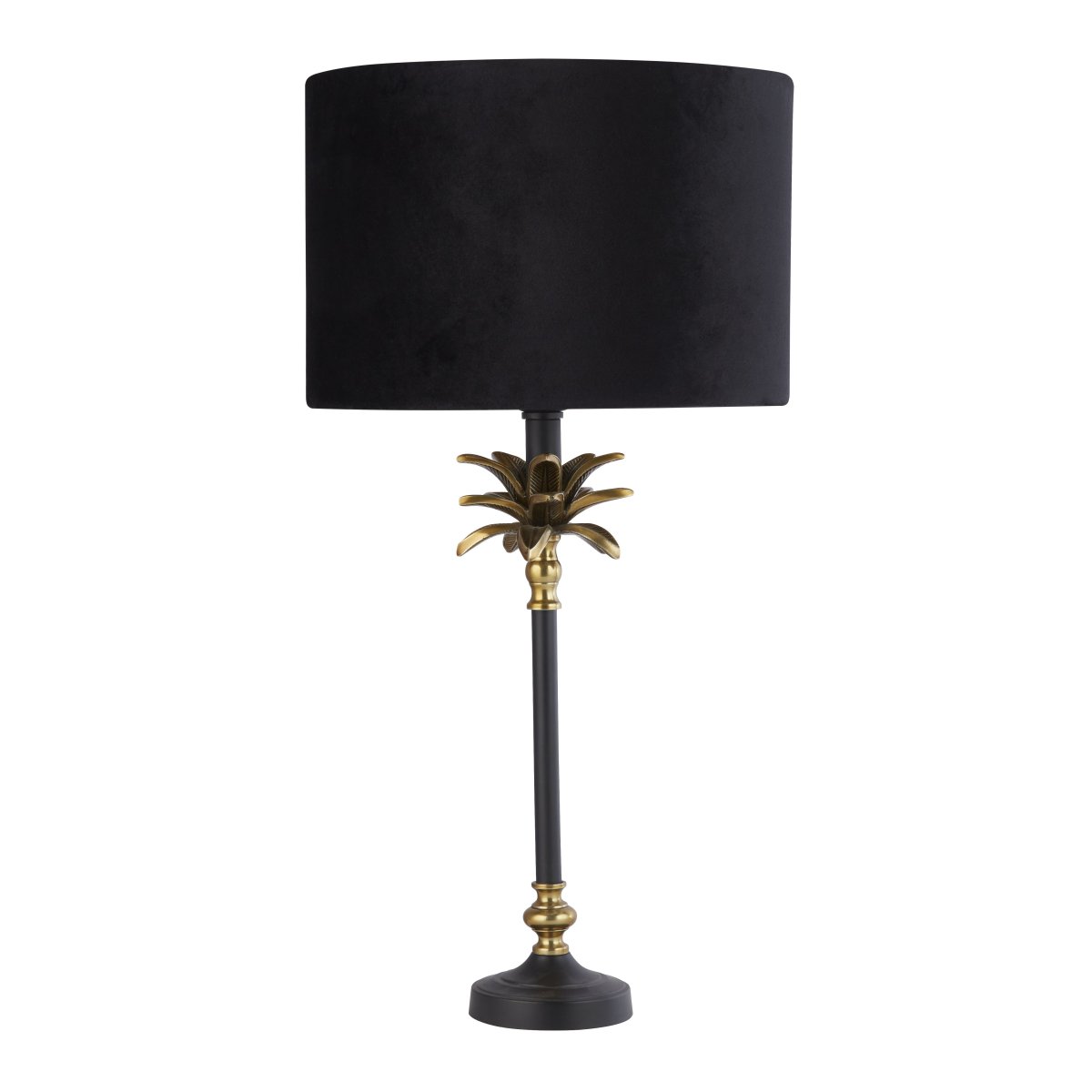Palm 45cm Schwarz tischlampe Von Searchlight - Es besteht aus hochwertigen Materialien und verfügt über einen mattschwarzen und antiken Messingsockel in Form einer Palme, gekrönt von einem luxuriösen schwarzen Samtschirm mit goldfarbener Innenseite.