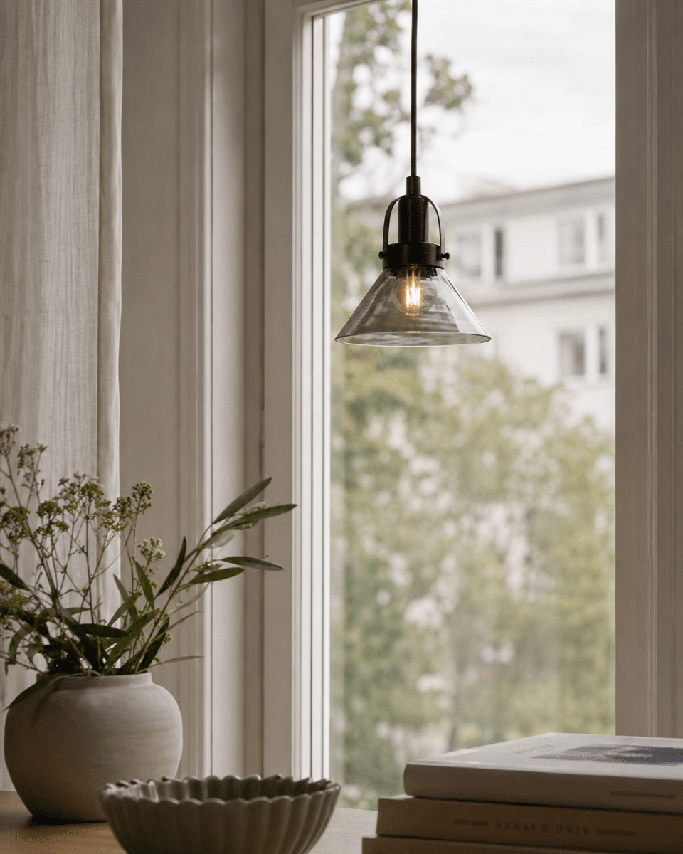 Mäster Ø15 Schwarz/Rauchig fensterlampe Von Lampan - Die M&auml;ster Fensterleuchte ist eine stilvolle und moderne Lampe, die sich perfekt in klassische wie moderne Wohnungen einf&uuml;gt.