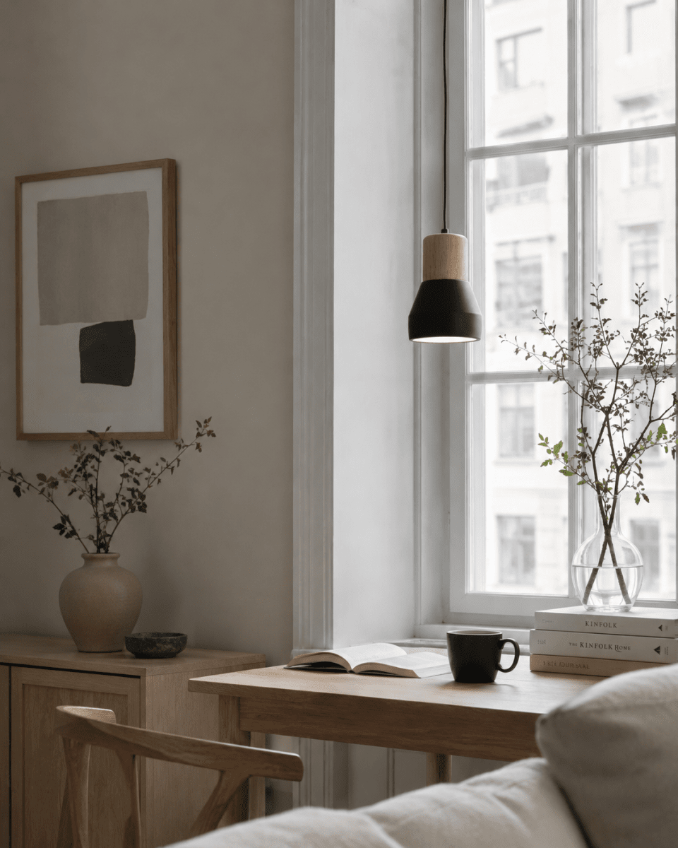 Pepe Ø13 Schwarz fensterlampe Von Nordic Lighting - Die Kombination aus Holz und Beton verleiht ihr eine robuste und zugleich warme Ausstrahlung, w&auml;hrend das matte Schwarz f&uuml;r eine ruhige und trendige Note sorgt.
