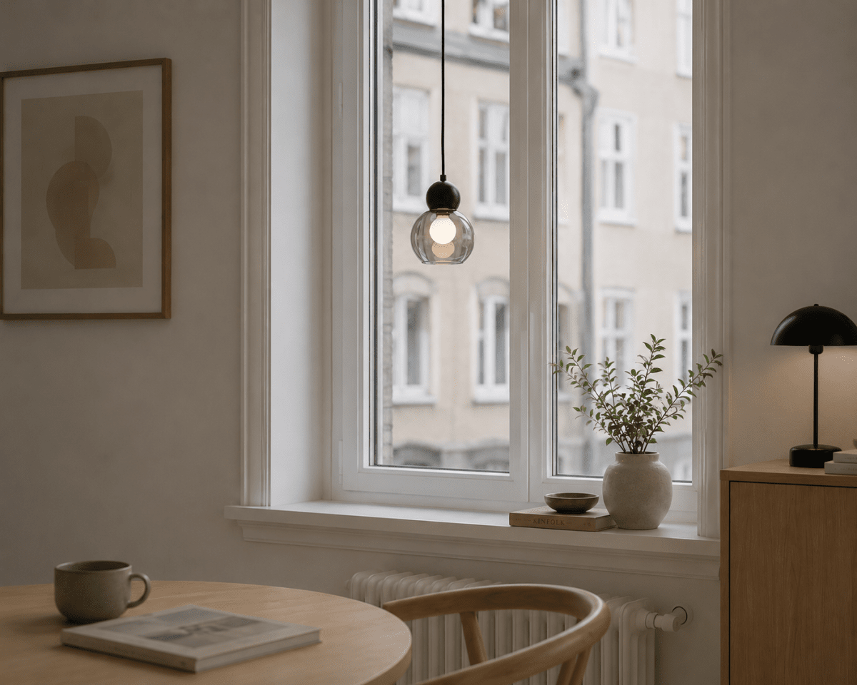 Barba Ø15 Rauch/schwarz fensterlampe Von Lampan - Der schwarze Metallschirm verleiht ihr eine elegante und zeitlose Ausstrahlung, w&auml;hrend der rauchfarbene Glasschirm f&uuml;r ein sanftes und angenehmes Licht sorgt.