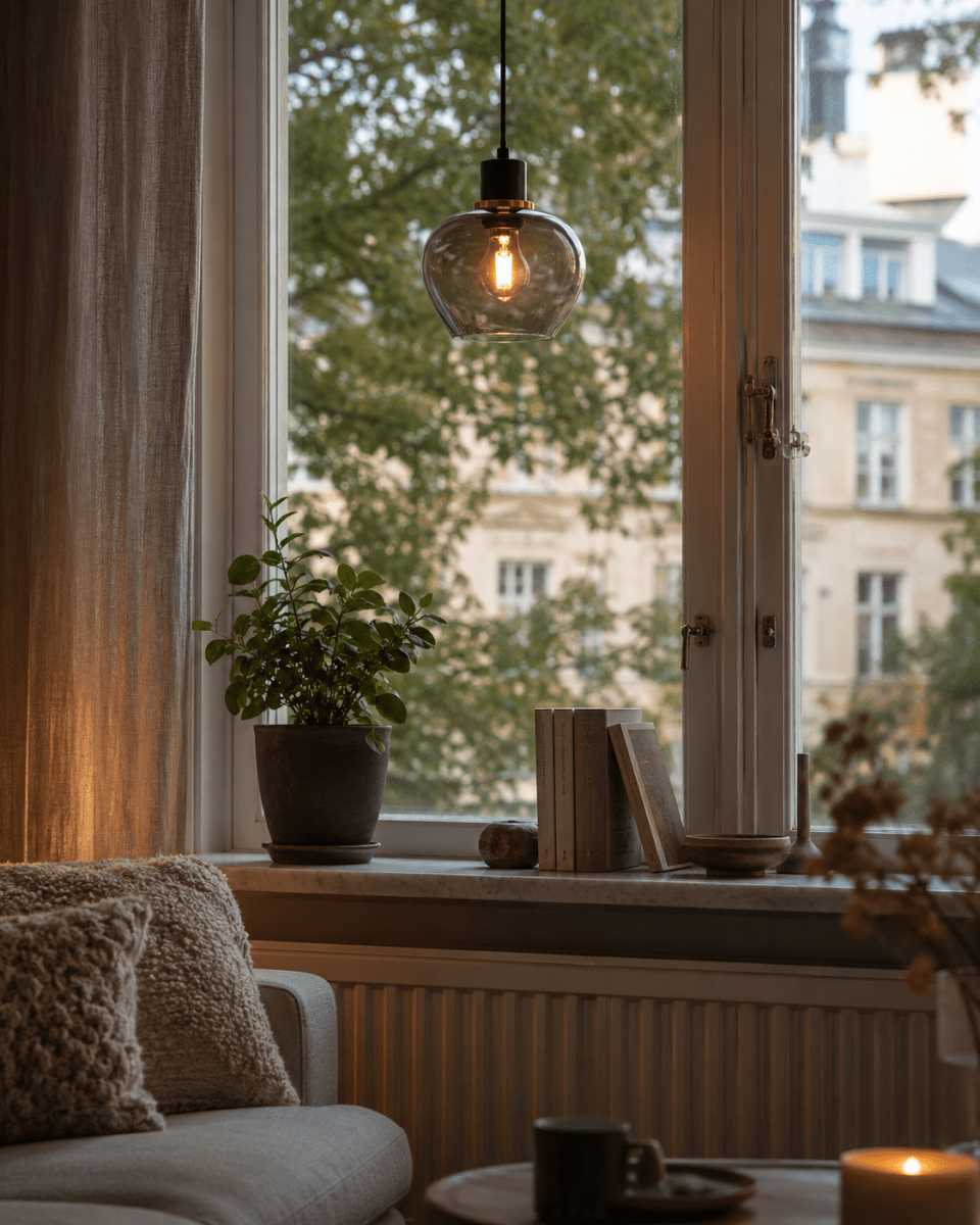 Ariston Ø20 rauchfarben fensterlampe Von Lampan - Der Schirm aus Rauchglas spendet ein angenehmes Licht, w&auml;hrend die Details aus geb&uuml;rstetem Messing f&uuml;r einen modernen und exklusiven Look sorgen.