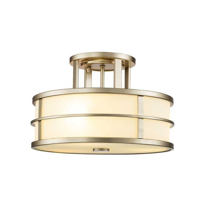 Fusion Ø34 Messing deckenleuchte Von Elstead Lighting - Der Rahmen ist seitlich mit geriffeltem Opalglas und unten mit einer Glaskuppel als Diffusor ausgestattet, wodurch ein faszinierender Lichteffekt entsteht.