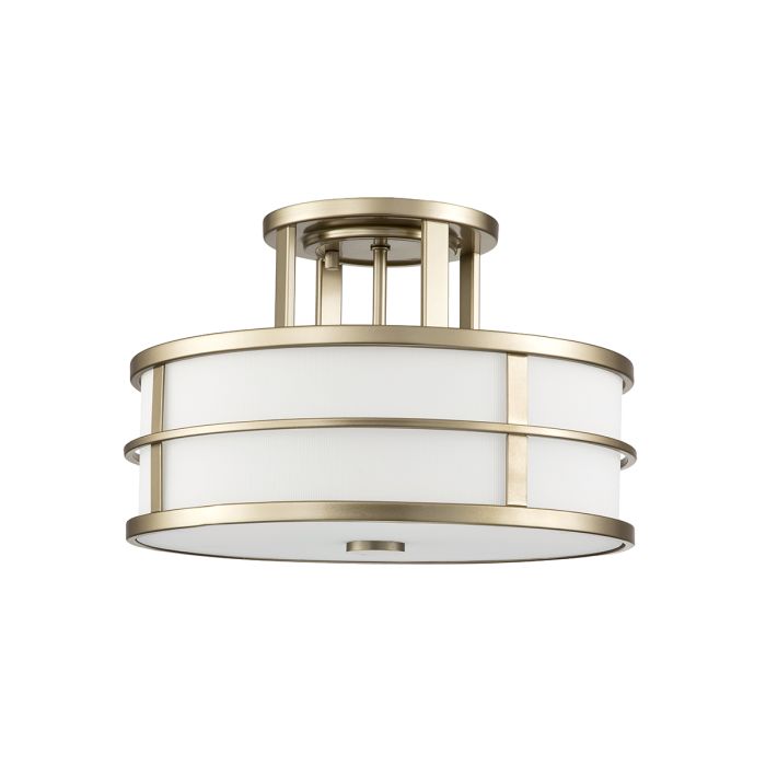 Fusion Ø34 Messing deckenleuchte Von Elstead Lighting - Der Rahmen ist seitlich mit geriffeltem Opalglas und unten mit einer Glaskuppel als Diffusor ausgestattet, wodurch ein faszinierender Lichteffekt entsteht.