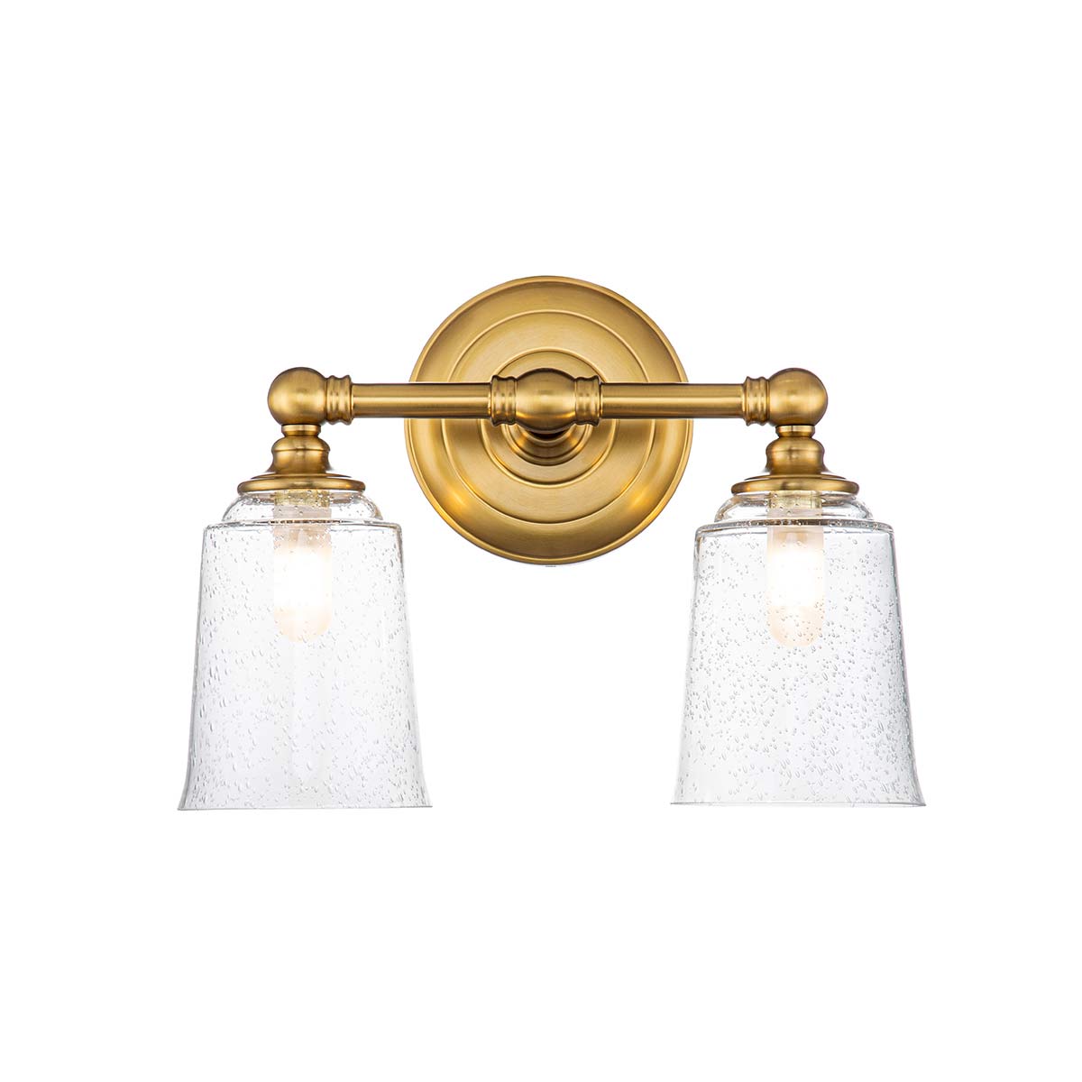 Huguenot Lake 33cm Messing badezimmerlampe Von Elstead Lighting - Die eleganten runden Details und die handgeschliffenen Fassungen vermitteln ein Gefühl traditioneller Handwerkskunst, während das klare, strukturierte Glas ein weiches und einladendes Licht erzeugt.