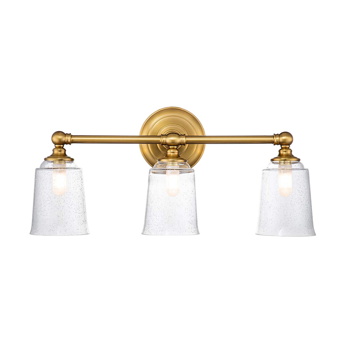 Huguenot Lake 53cm Messing badezimmerlampe Von Elstead Lighting - Die eleganten runden Details und die handgeschliffenen Fassungen vermitteln ein Gefühl traditioneller Handwerkskunst, während das klare, strukturierte Glas ein weiches und einladendes Licht erzeugt.