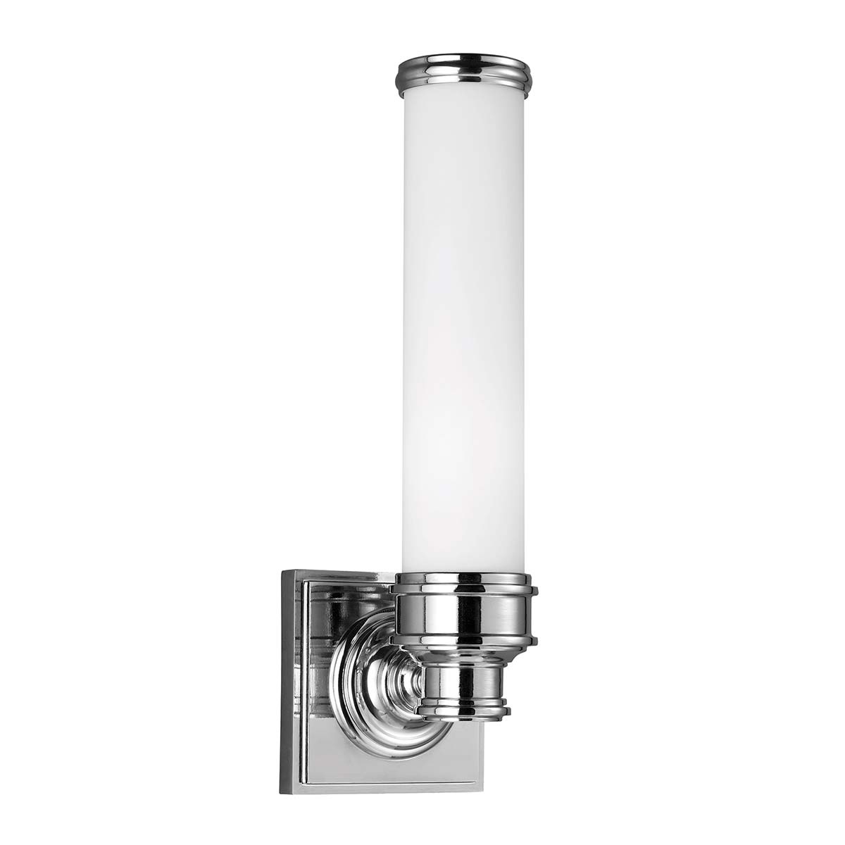 Payne 37cm Chrom poliert badezimmerlampe Von Elstead Lighting - Das elegante Profil aus weißem, ungeschliffenem Glas wird durch schlichte Metallringe ergänzt, die für eine edle Optik sorgen.