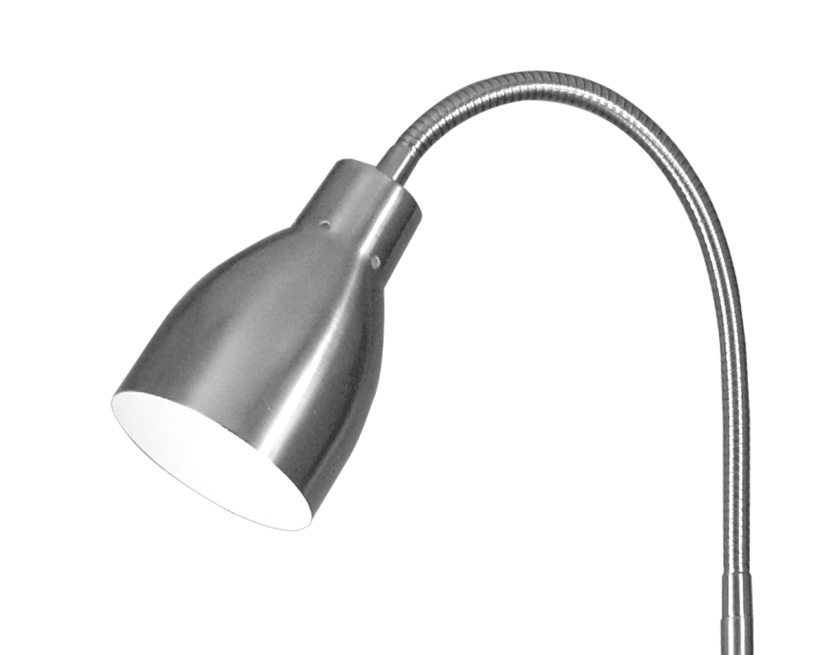 Sarek Stahl stehlampe Von Aneta Lighting - Sarek ist eine stilvolle Stehleuchte aus matt gebürstetem Metall mit einem Flexarm zur einfachen Ausrichtung des Lichts.