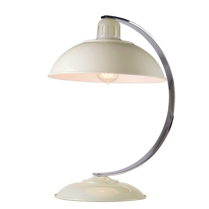 Franklin 46cm Cremeweiß tischlampe Von Elstead Lighting - Bordslampan Franklin har en elegant b&ouml;jd arm i polerad krom samt en spunnen metallsk&auml;rm och bas i blank gr&aring; finish.