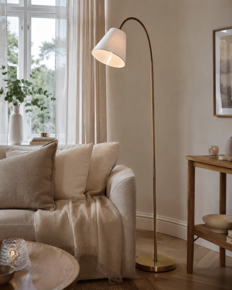 Uno Antikmessing stehlampe Von Lampan - Der wei&szlig;e Leinenschirm spendet ein sanftes und angenehmes Licht und eignet sich perfekt als Leselampe neben dem Sofa oder als stimmungsvolle Beleuchtung im Schlafzimmer.