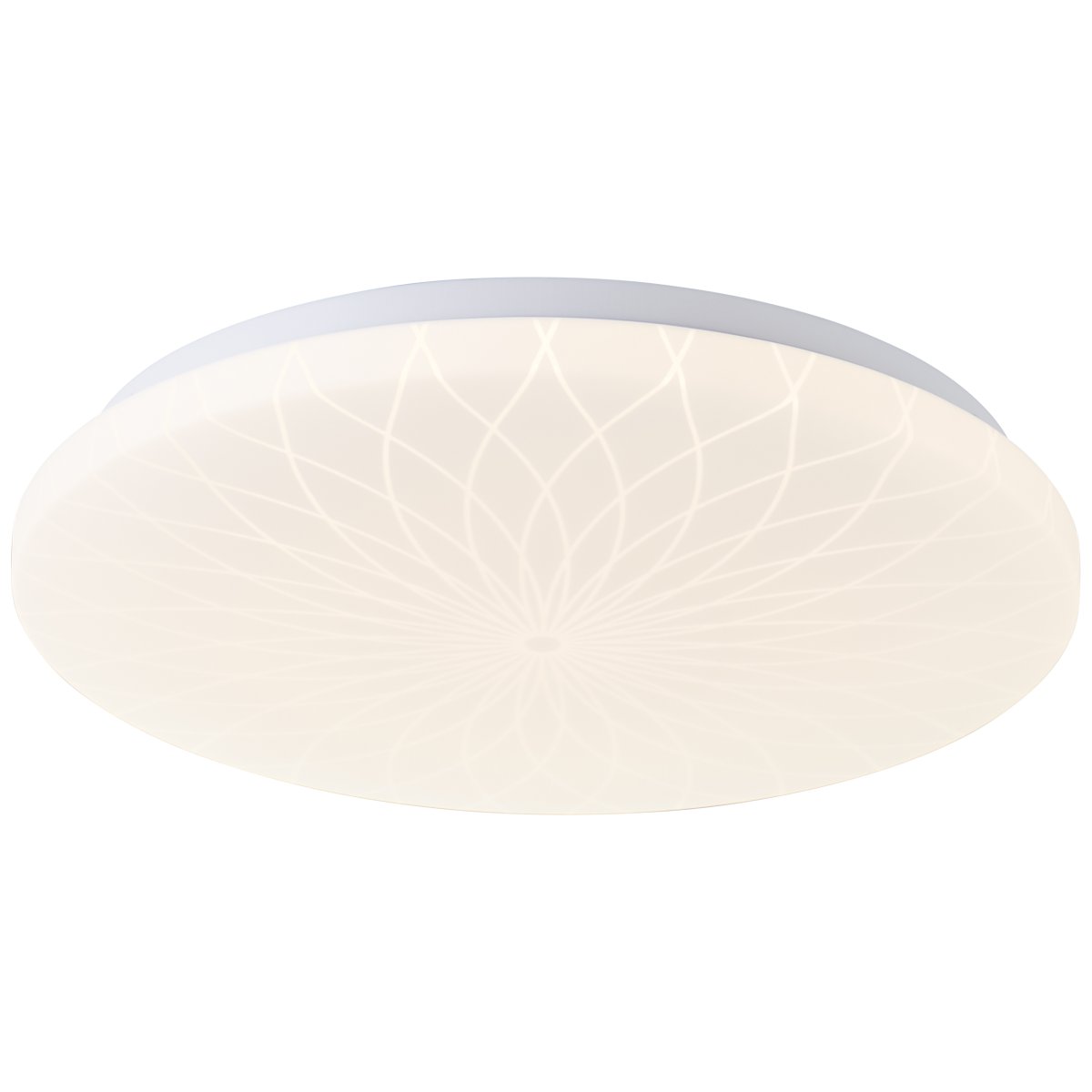 Farah Ø34 Weiß deckenleuchte Von Brilliant - Die integrierte LED-Lichtquelle erzeugt warmwei&szlig;es Licht (3000 K) und hat eine Helligkeit von 2600 Lumen &ndash; perfekt f&uuml;r eine angenehme und gut beleuchtete Umgebung, beispielsweise im Flur oder in der K&uuml;che.