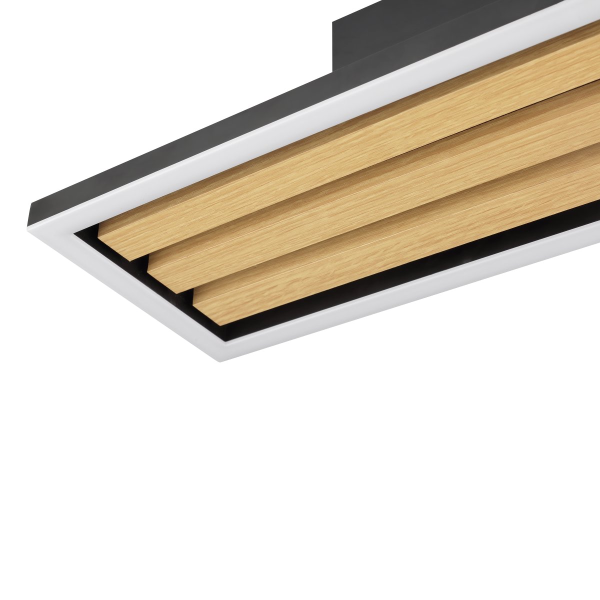 Calma 55cm Schwarz deckenleuchte Von Brilliant - Calma ist eine moderne Deckenleuchte mit warmer und natürlicher Ausstrahlung dank des kombinierten Designs aus Holz und schwarzem Metall.