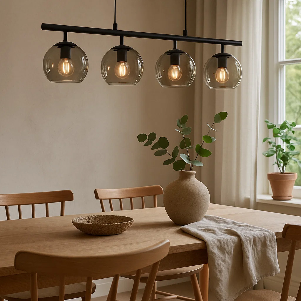 Globi 4 78cm Schwarz/Rauchig hängelampe Von Nordic Lighting - Die schwarze Metallaufhängung verleiht ihr eine elegante und grafische Note, während die vier runden Kuppeln aus Rauchglas ein angenehmes und gleichmäßiges Licht im Raum verbreiten.