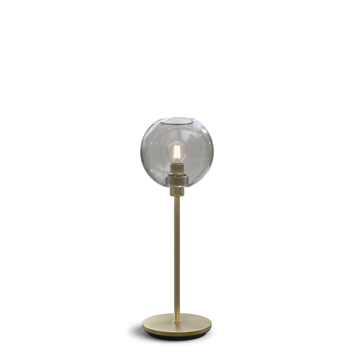Gloria 46cm Messing/Rauch tischlampe Von Belid - Gloria hat ein einfaches und elegantes Design mit einem Lampensockel aus Metall und einem runden Glasschirm.