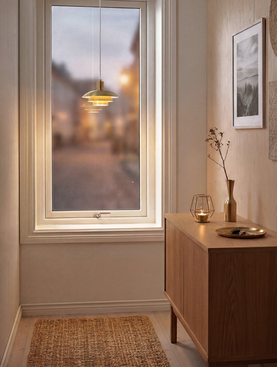 Epsilon Ø20 Gold fensterlampe Von Aneta Lighting - Die sich &uuml;berlappenden Schirme lenken und reflektieren das Licht auf angenehme Weise und erzeugen ein dekoratives Lichtspiel.