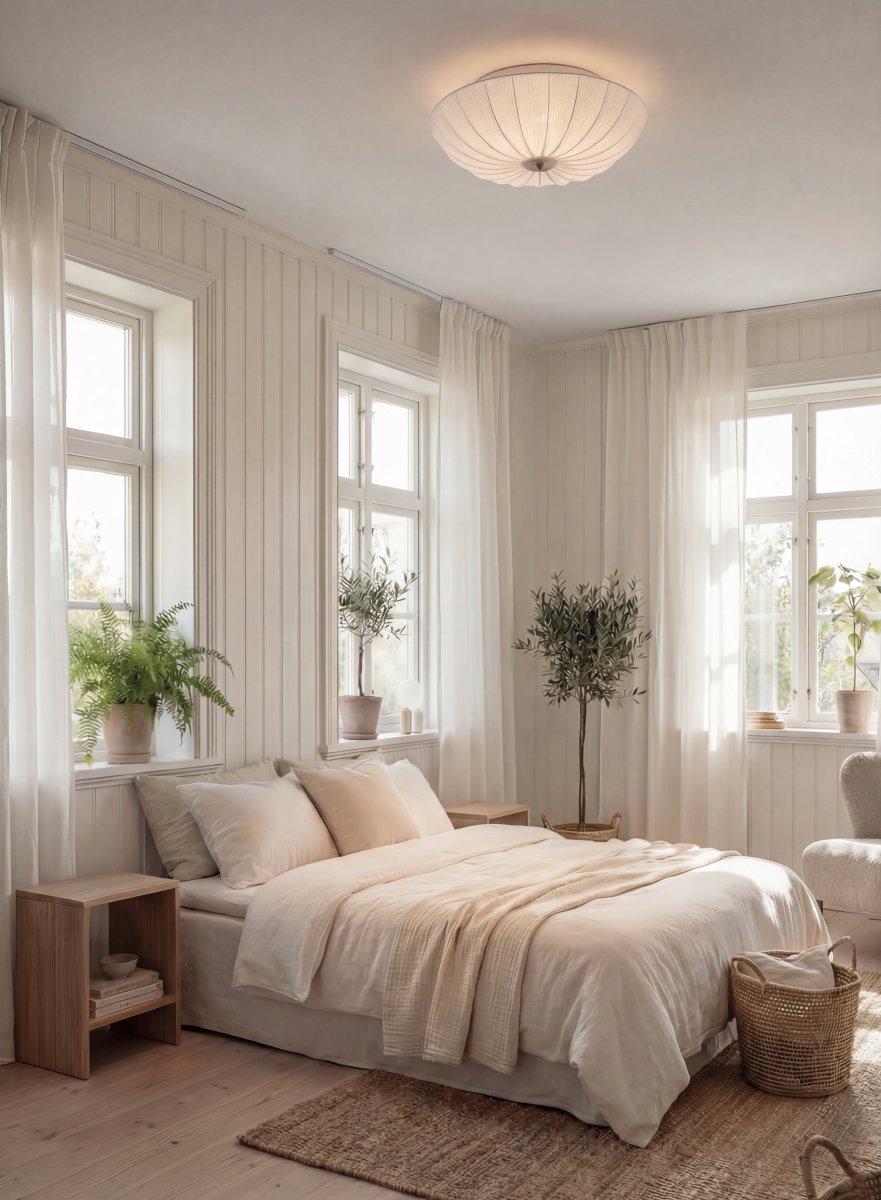Lady Ø55 Weiß deckenleuchte Von Aneta Lighting - Im eingeschalteten Zustand verbreitet die Leuchte ein sanftes, angenehmes Licht, das durch den Stoff dringt und eine warme Atmosph&auml;re im Raum schafft.