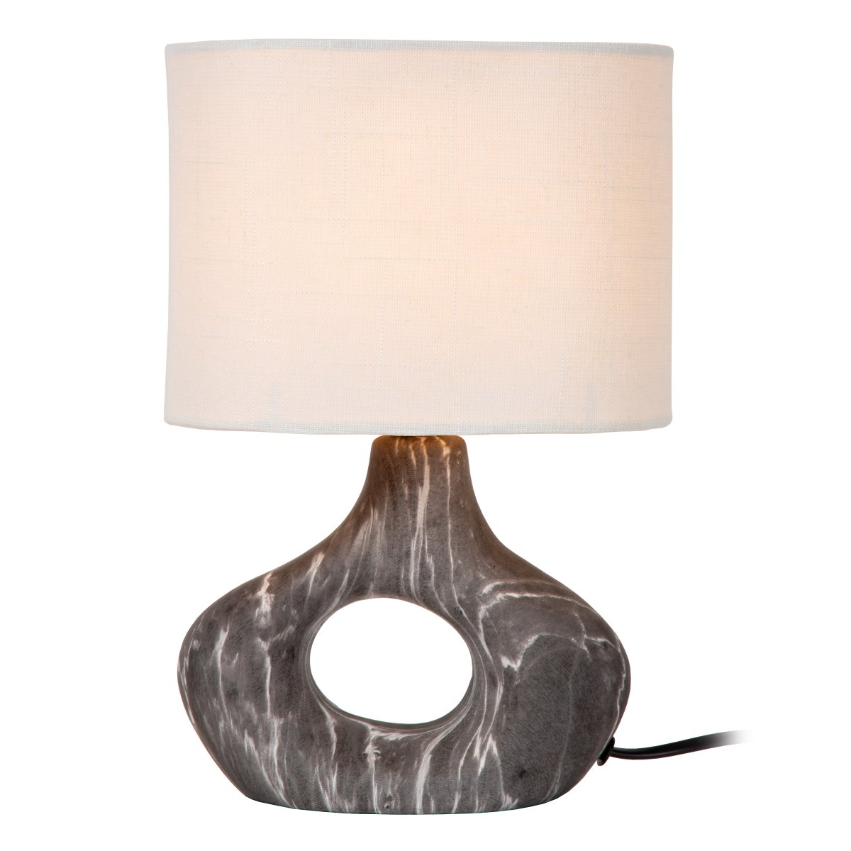 Tomeo 30cm Schwarz tischlampe Von Lucide - Der ovale Lampenschirm aus weißem Textil spendet ein sanftes und angenehmes Licht und harmoniert perfekt mit der Form des Fußes.