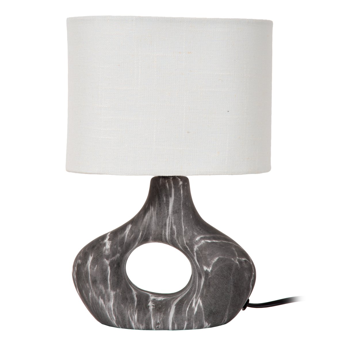 Tomeo 30cm Schwarz tischlampe Von Lucide - Der ovale Lampenschirm aus weißem Textil spendet ein sanftes und angenehmes Licht und harmoniert perfekt mit der Form des Fußes.