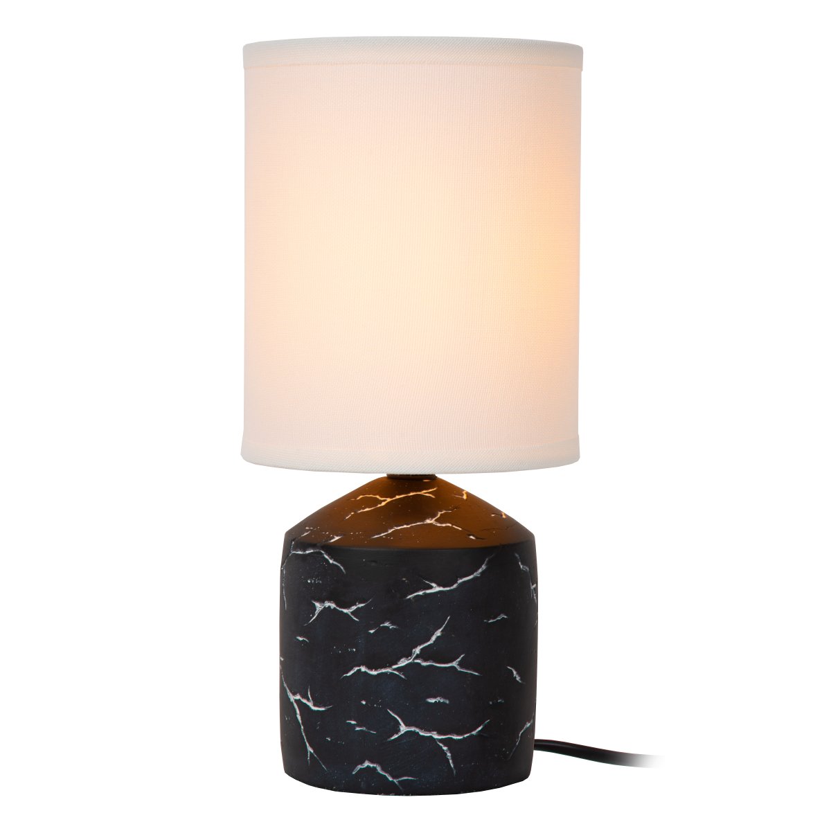 Fran 30cm Schwarz tischlampe Von Lucide - Das weiße, unregelmäßige Muster auf dem Fuß erzeugt eine marmorierte Optik und bildet einen schönen Kontrast zur dunklen Oberfläche.
