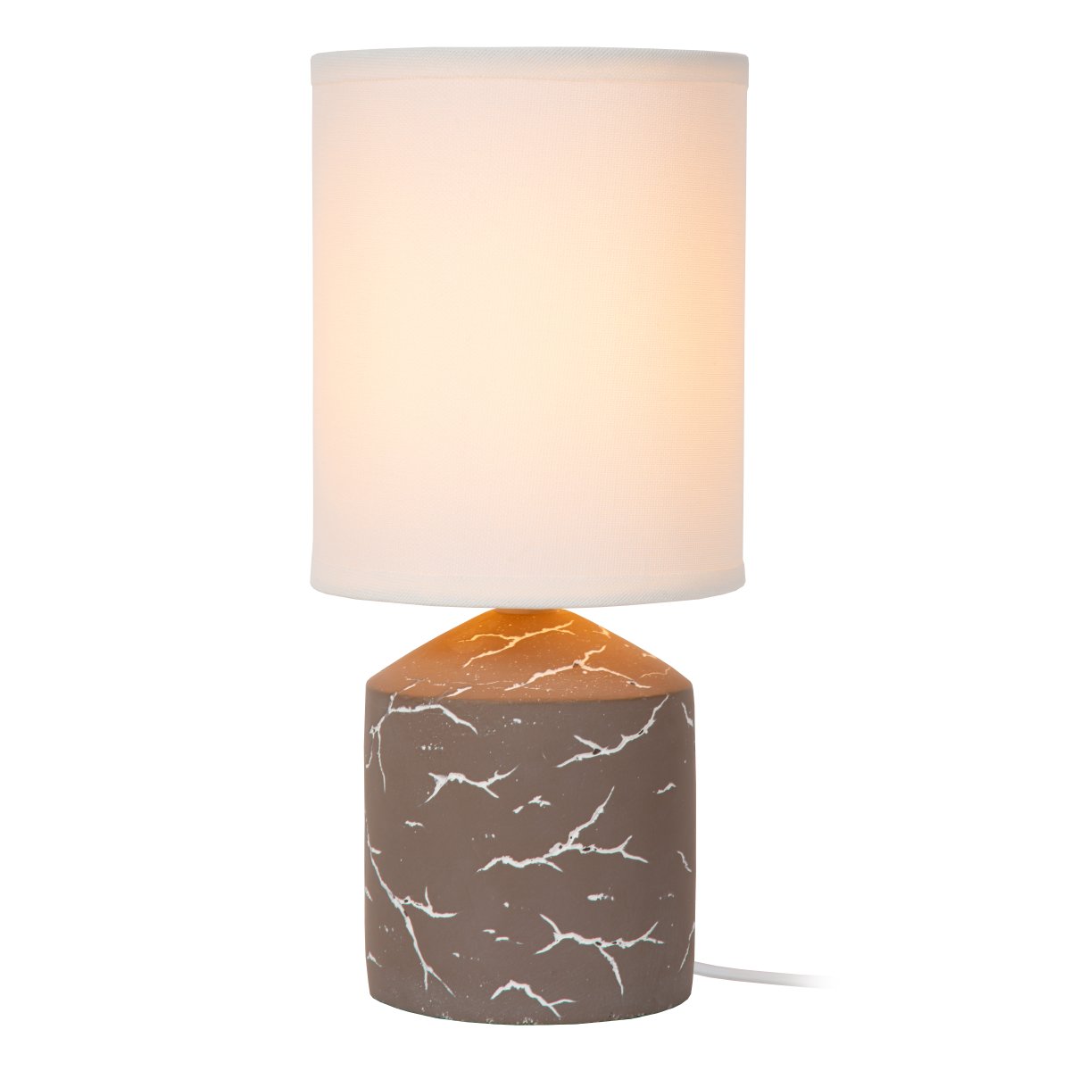 Fran 30cm Taupe tischlampe Von Lucide - Das weiße, unregelmäßige dunkle Muster auf dem Fuß erzeugt eine marmorierte Optik und bildet einen schönen Kontrast zur dunklen Oberfläche.