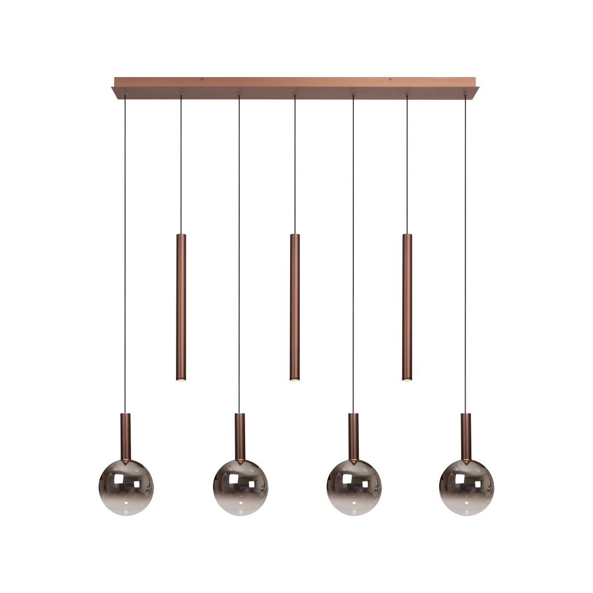 Jamsine 137cm Kupfer hängelampe Von Lucide - Die Rauchglasschirme spenden ein warmes und angenehmes Licht, w&auml;hrend die drei Strahler ein gerichtetes und helles Licht nach unten abgeben.