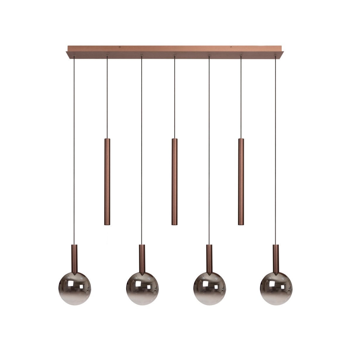 Jamsine 137cm Kupfer hängelampe Von Lucide - Die Rauchglasschirme spenden ein warmes und angenehmes Licht, w&auml;hrend die drei Strahler ein gerichtetes und helles Licht nach unten abgeben.