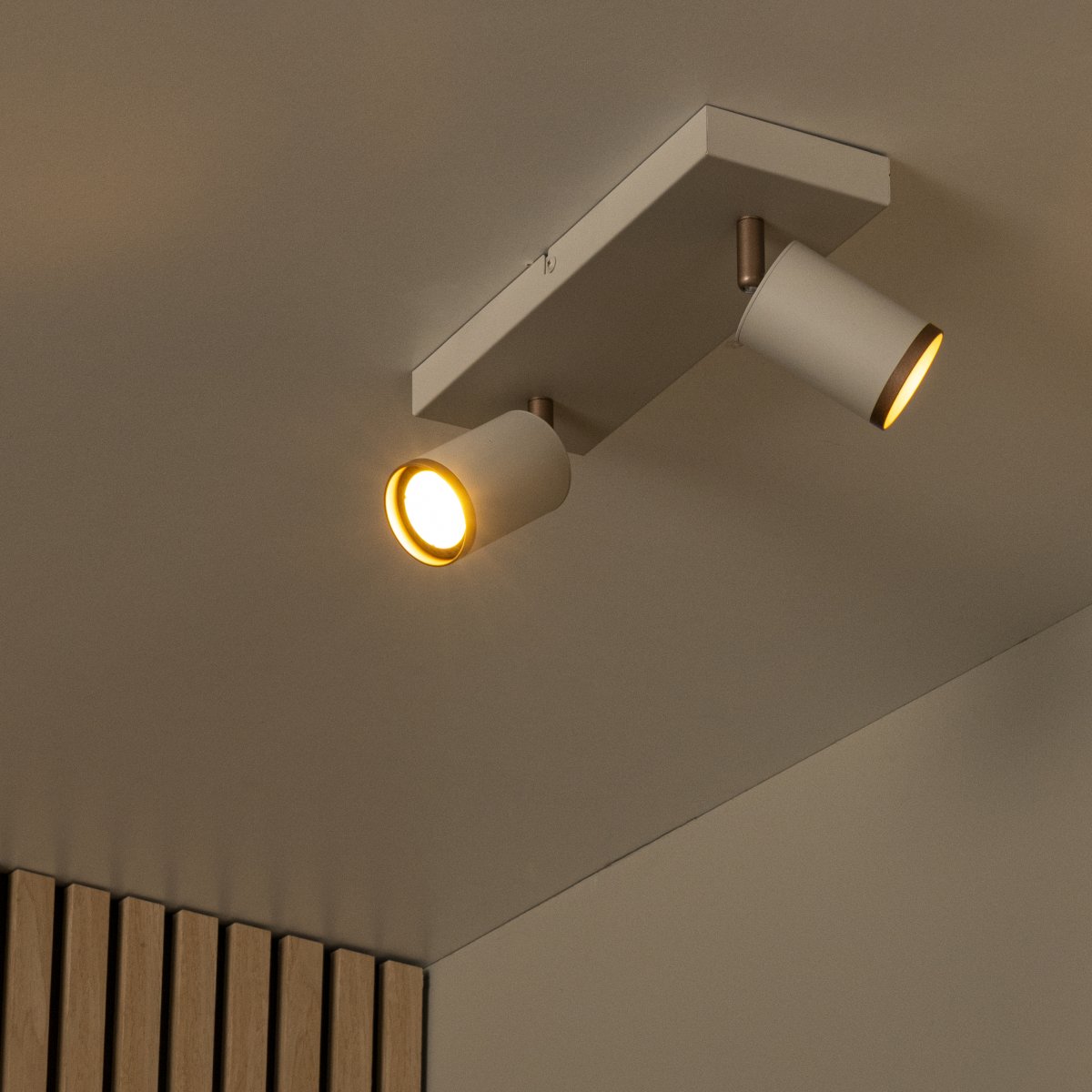 Regina 2 Taupe spotlight Von Lucide - Dank der zwei verstellbaren Strahler l&auml;sst sich das Licht einfach dorthin lenken, wo Sie es ben&ouml;tigen &ndash; f&uuml;r eine funktionale und flexible Beleuchtung.