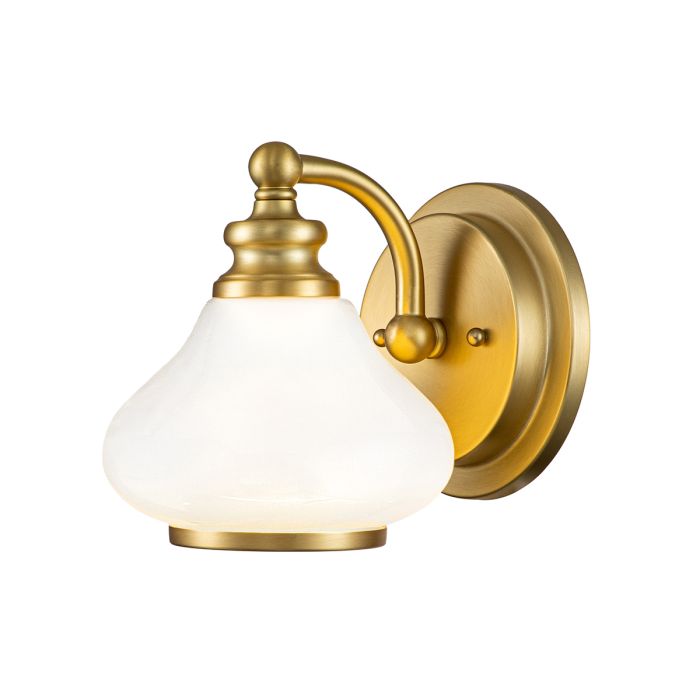Ainsley Ø16 Gebürstetes Messing badezimmerlampe Von Elstead Lighting - Der kuppelf&ouml;rmige Opalglasschirm sorgt f&uuml;r ein sanftes und angenehmes Licht und harmoniert perfekt mit der eleganten Oberfl&auml;che aus geb&uuml;rstetem Messing.