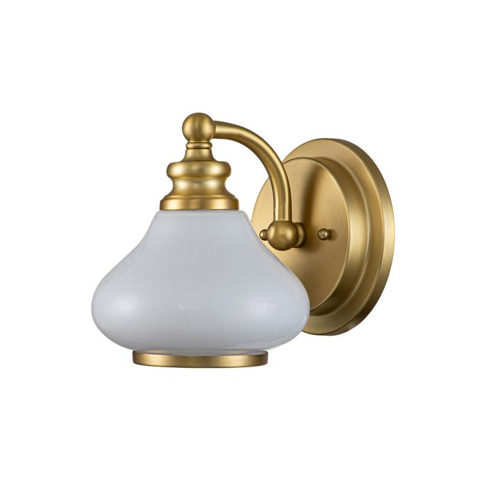 Ainsley Ø16 Gebürstetes Messing badezimmerlampe Von Elstead Lighting - Der kuppelf&ouml;rmige Opalglasschirm sorgt f&uuml;r ein sanftes und angenehmes Licht und harmoniert perfekt mit der eleganten Oberfl&auml;che aus geb&uuml;rstetem Messing.