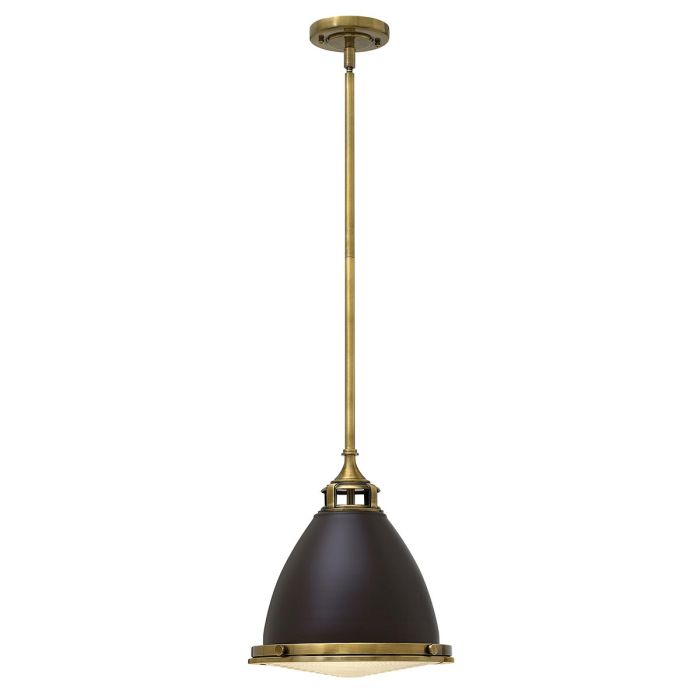 Amelia Ø32 Bronze/Messing hängelampe Von Elstead Lighting - Kupolen har en etsad prismatisk bottenlins, och denna helmetalliska versionen i brons och m&auml;ssingdetaljer har en autentisk vintagelook.