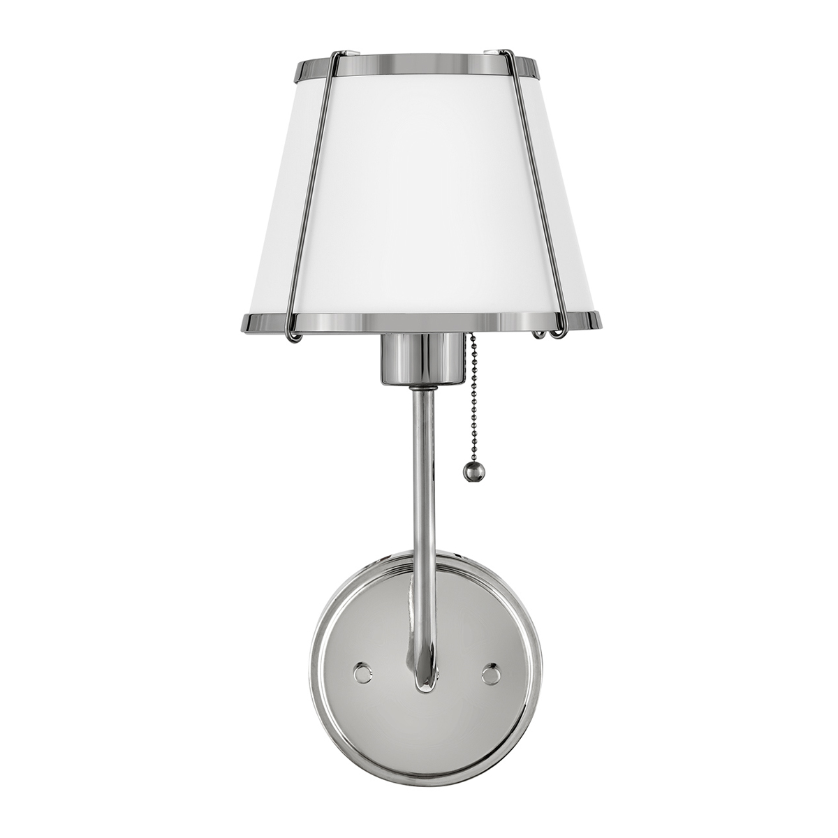 Clarke 40cm Nickel/Weiß wandlampe Von Elstead Lighting - Die elegante Wandleuchte Clarke ist aus Stahl gefertigt und besticht durch ihre schöne, polierte Nickeloberfläche und einen stilvollen weißen Schirm.
