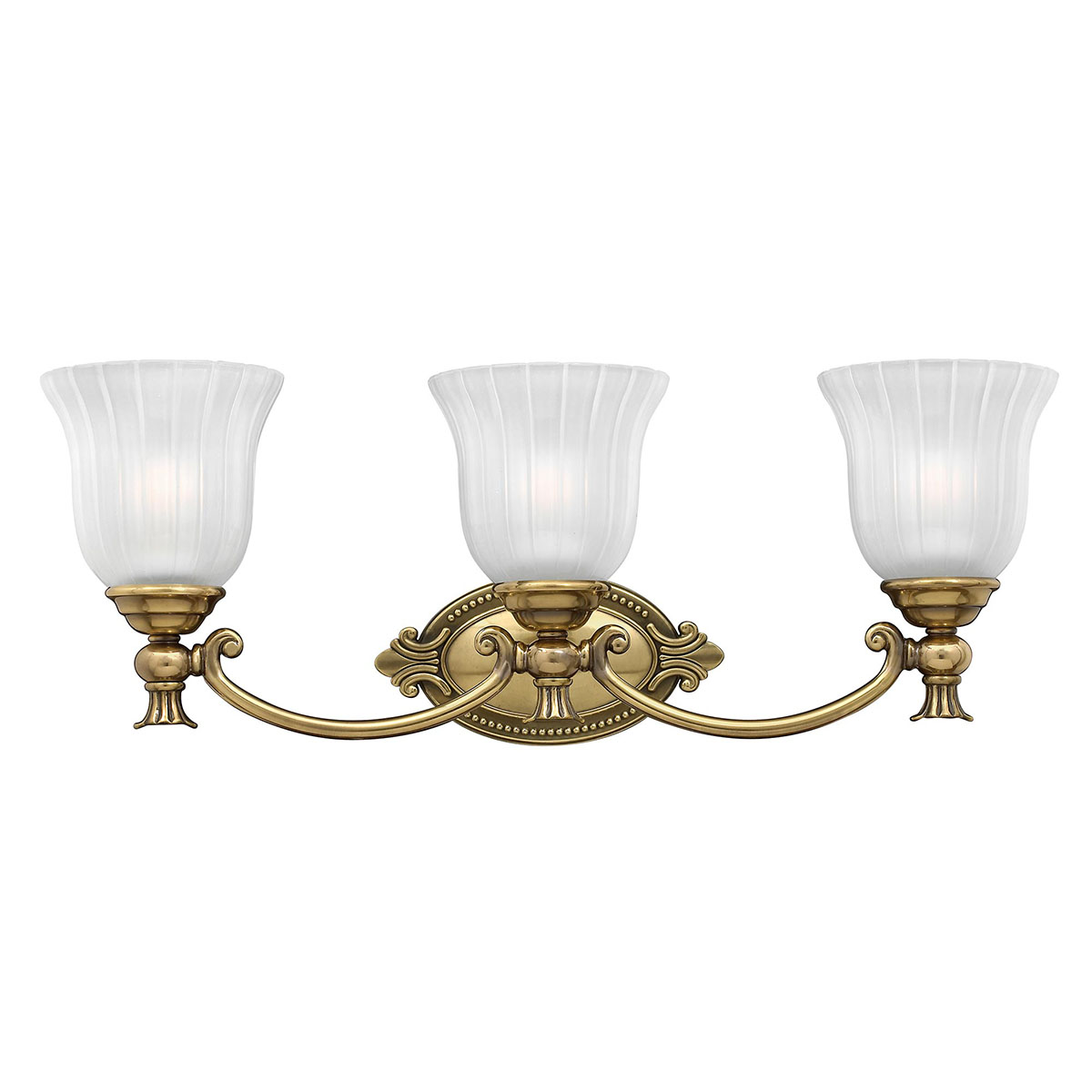 Francoise 64cm Messing badezimmerlampe Von Elstead Lighting - Sie verfügt über einen wunderschönen Schirm aus Milchglas mit geriffeltem Design, der ein sanftes Licht verbreitet, und der dekorative Messingsockel verleiht ihr eine stilvolle Note.