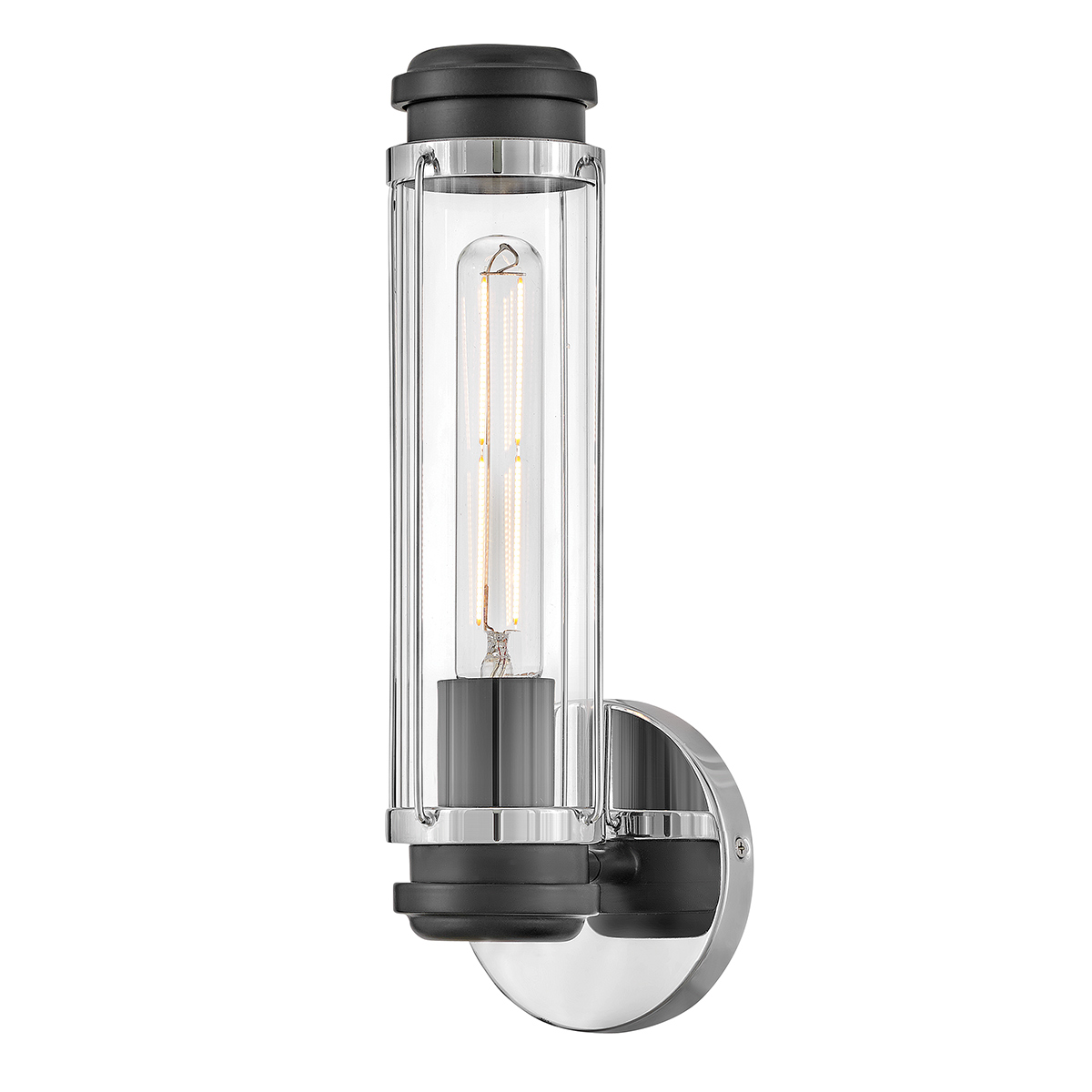 Masthead 35cm Chrom badezimmerlampe Von Elstead Lighting - Es besteht aus Stahl und Glas und verfügt über eine edle Oberfläche aus poliertem Chrom, kombiniert mit schwarzen Details, die ihm einen luxuriösen und zeitlosen Ausdruck verleihen.