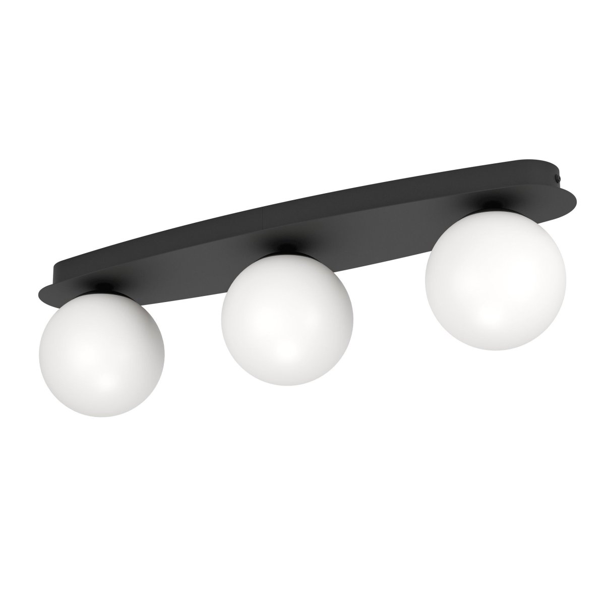 Castrovido 58cm Schwarz badezimmerlampe Von Eglo - Die Lampe ist aus schwarzem Metall gefertigt und verf&uuml;gt &uuml;ber drei runde Opalglaskuppeln, die ein sanftes und gleichm&auml;&szlig;iges Licht verbreiten.