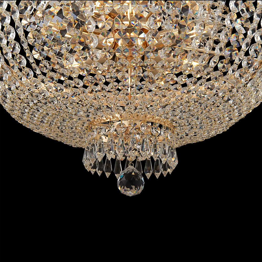 Bella Ø50 Gold kristall Von Maytoni - Die funkelnden Prismen, die die gesamte Lampe umgeben, reflektieren das Licht und erzeugen einen bezaubernden Schein im Raum.