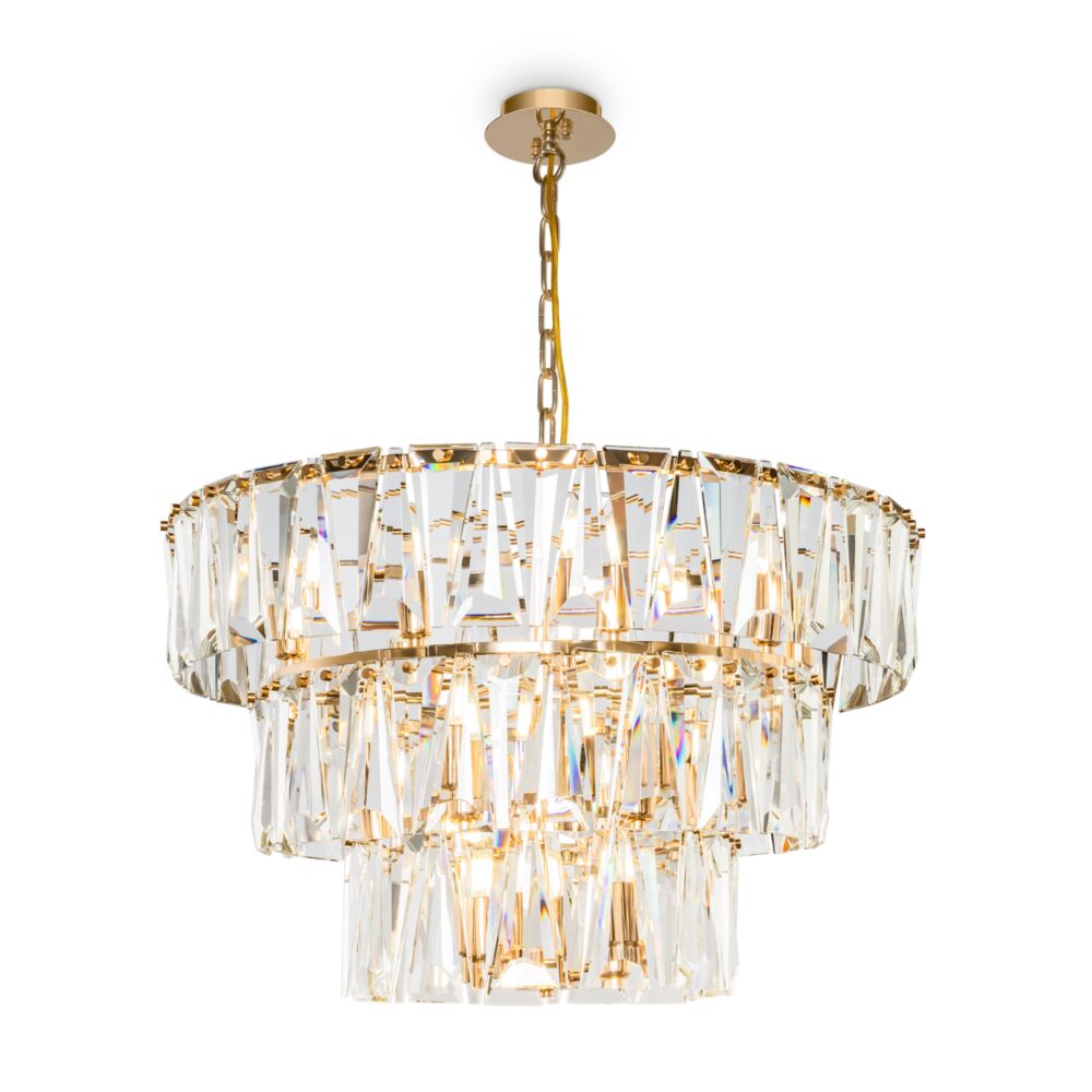 Puntes Ø77 Gold kristall Von Maytoni - Puntes ist ein eleganter Deckenleuchter aus goldfarbenem Metall mit funkelnden Prismen, die die Lichtquellen umgeben und bei eingeschalteter Lampe ein zauberhaftes Lichtspiel erzeugen.