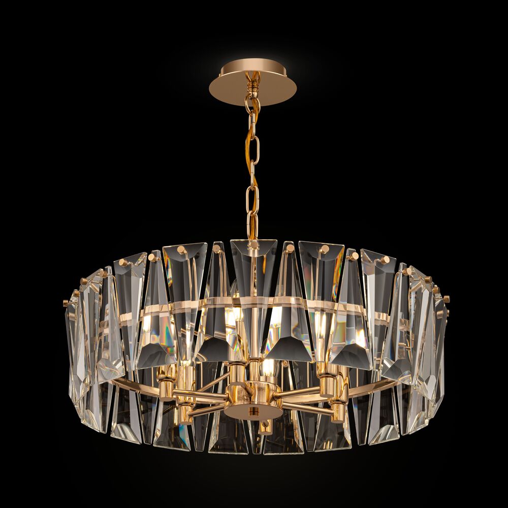 Puntes Ø52 Gold kristall Von Maytoni - Puntes ist ein eleganter Deckenleuchter aus goldfarbenem Metall mit funkelnden Prismen, die die Lichtquellen umgeben und bei eingeschalteter Lampe ein zauberhaftes Lichtspiel erzeugen.