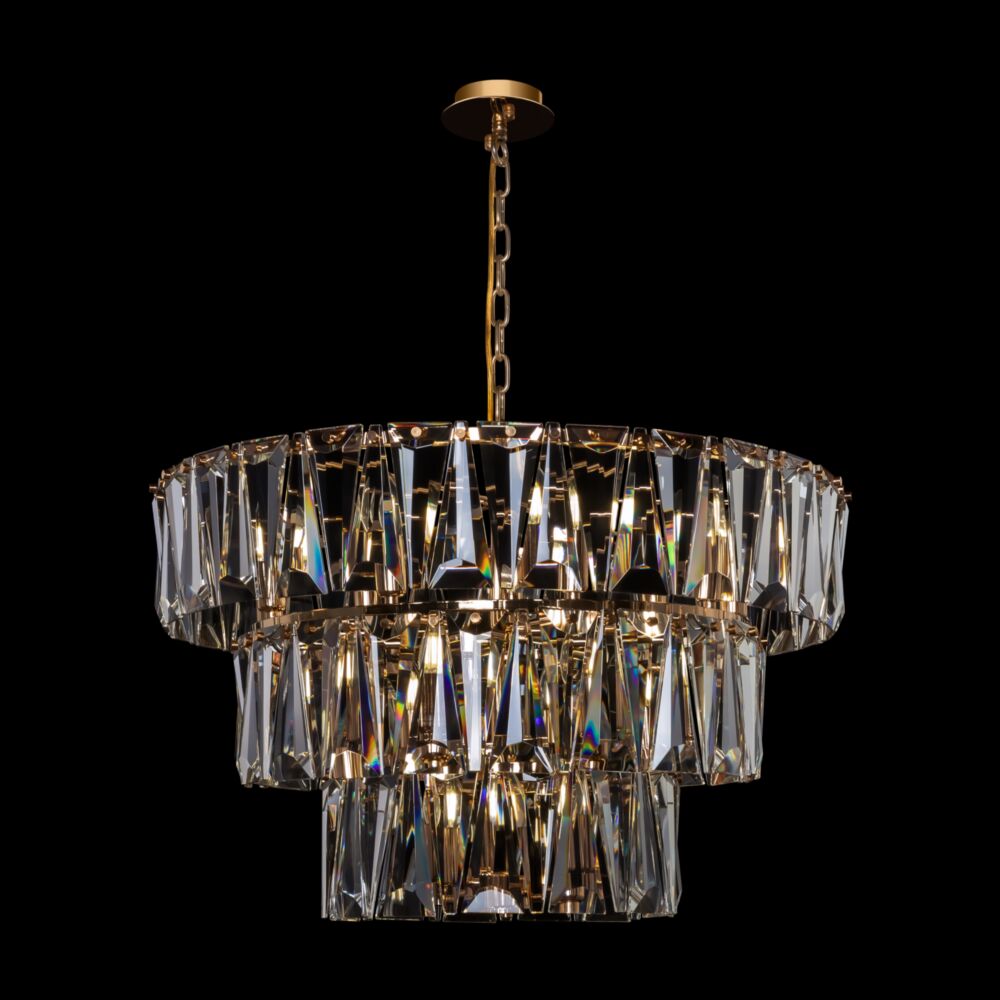 Puntes Ø77 Gold kristall Von Maytoni - Puntes ist ein eleganter Deckenleuchter aus goldfarbenem Metall mit funkelnden Prismen, die die Lichtquellen umgeben und bei eingeschalteter Lampe ein zauberhaftes Lichtspiel erzeugen.