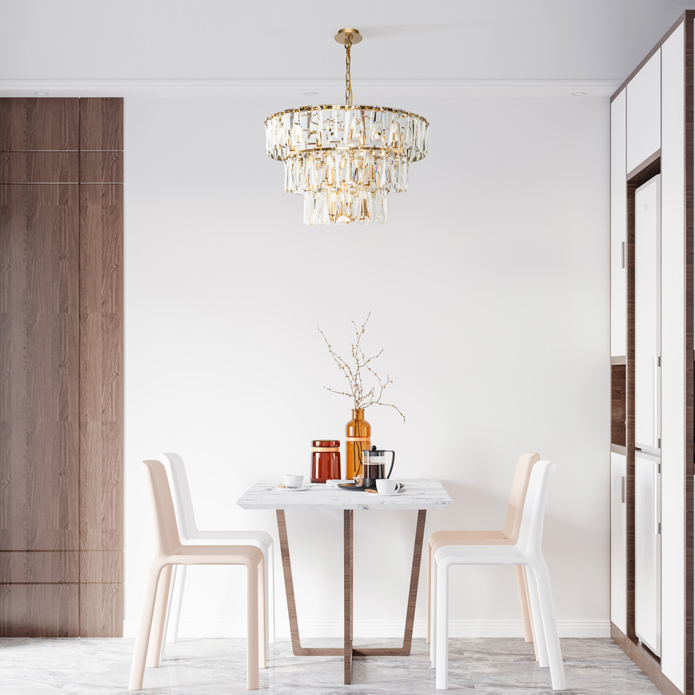 Puntes Ø77 Gold kristall Von Maytoni - Puntes ist ein eleganter Deckenleuchter aus goldfarbenem Metall mit funkelnden Prismen, die die Lichtquellen umgeben und bei eingeschalteter Lampe ein zauberhaftes Lichtspiel erzeugen.