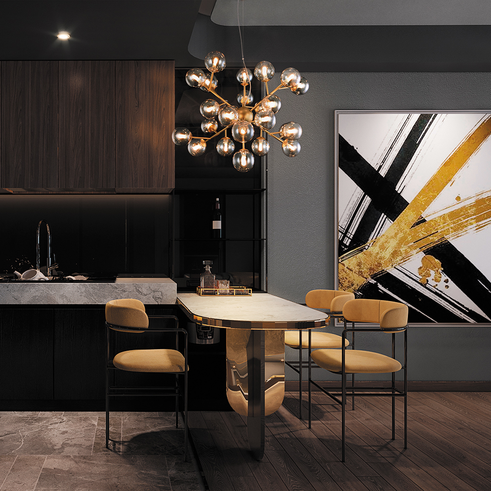 Dallas Ø65 Gold hängelampe Von Maytoni - Ihr einzigartiges Design mit runden Glaskuppeln in verschiedenen Richtungen erzeugt ein dramatisches und elegantes Lichtspiel, das den Raum mit Wärme und Charakter erfüllt.