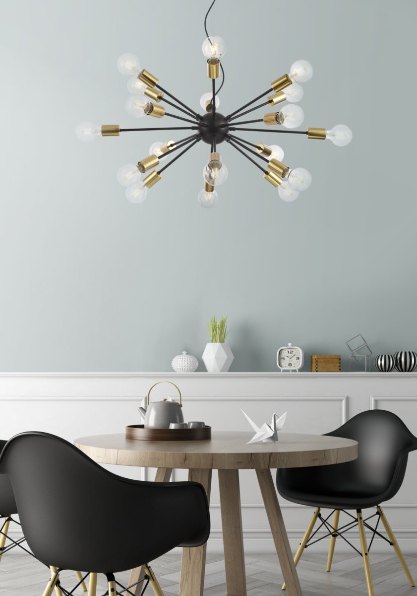 Jackson Ø98 Schwarz hängelampe Von Maytoni - Mit ihren 18 Armen, die mit großen freiliegenden Lichtquellen geschmückt sind, erzeugt die Lampe einen dramatischen und dynamischen Ausdruck im Raum.
