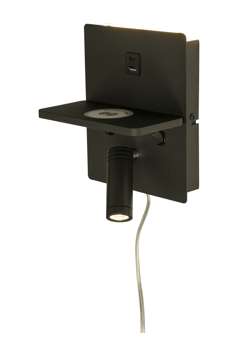 Astor Schwarz leselampe Von Aneta Lighting - Astor verf&uuml;gt au&szlig;erdem &uuml;ber eine praktische Ablage mit kabellosem Ladeger&auml;t f&uuml;r Ihr Mobiltelefon und an der Vorderseite sind zwei USB-Anschl&uuml;sse (USB A und C) angebracht.