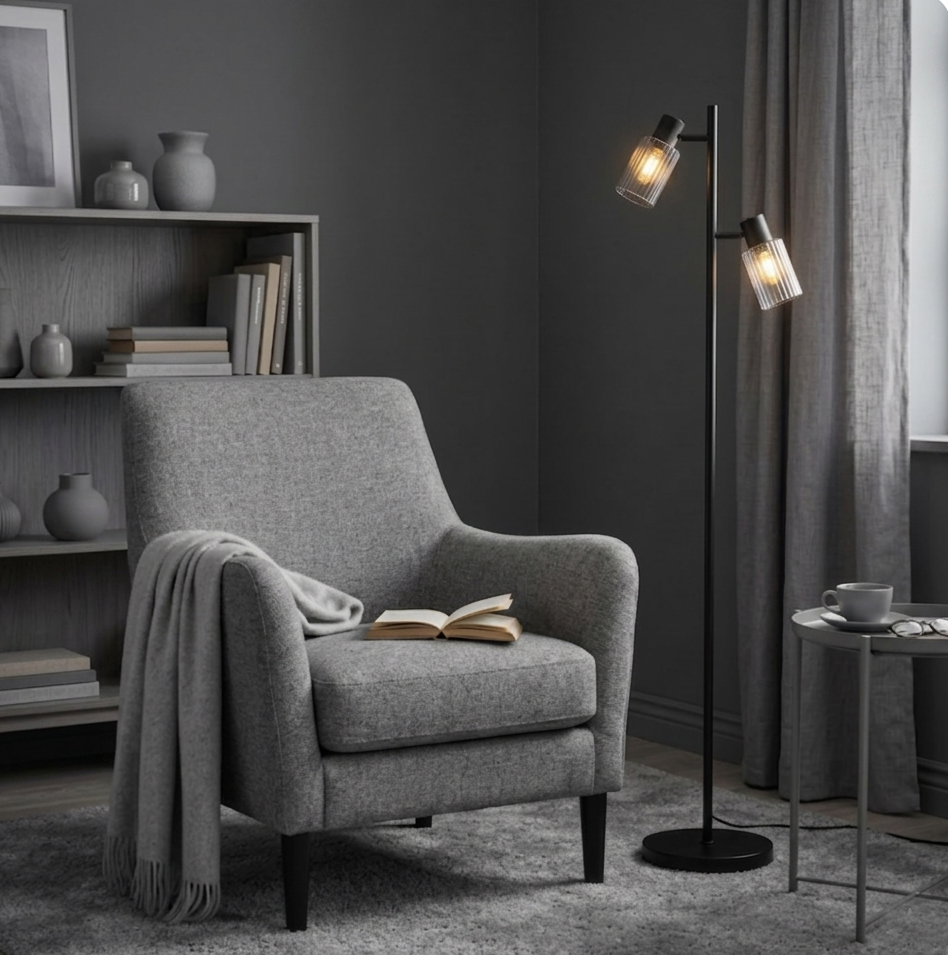 Kiera 2 Schwarz/Rauchig stehlampe Von Cottex - Die kreuzf&ouml;rmigen Schirme lassen sich neigen, um das Licht gezielt zu lenken und eine besondere Atmosph&auml;re im Raum zu schaffen.