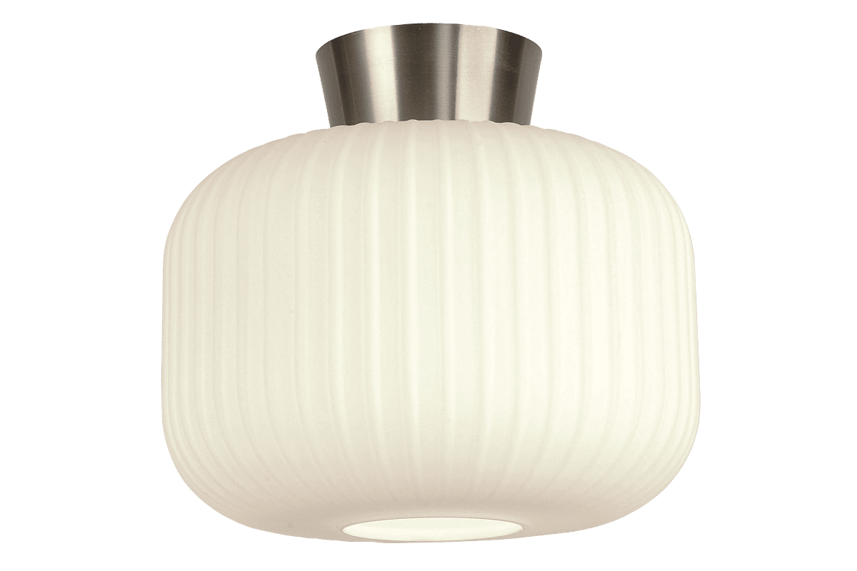 Zoombild von Vanja Ø28 Weiß/Stahl deckenleuchte Von Aneta Lighting - Das wei&szlig;e Glas sorgt f&uuml;r ein gleichm&auml;&szlig;iges und angenehmes Licht, w&auml;hrend die Deckenplatte in Stahloptik ein elegantes Detail darstellt, das der Leuchte eine warme Ausstrahlung verleiht.