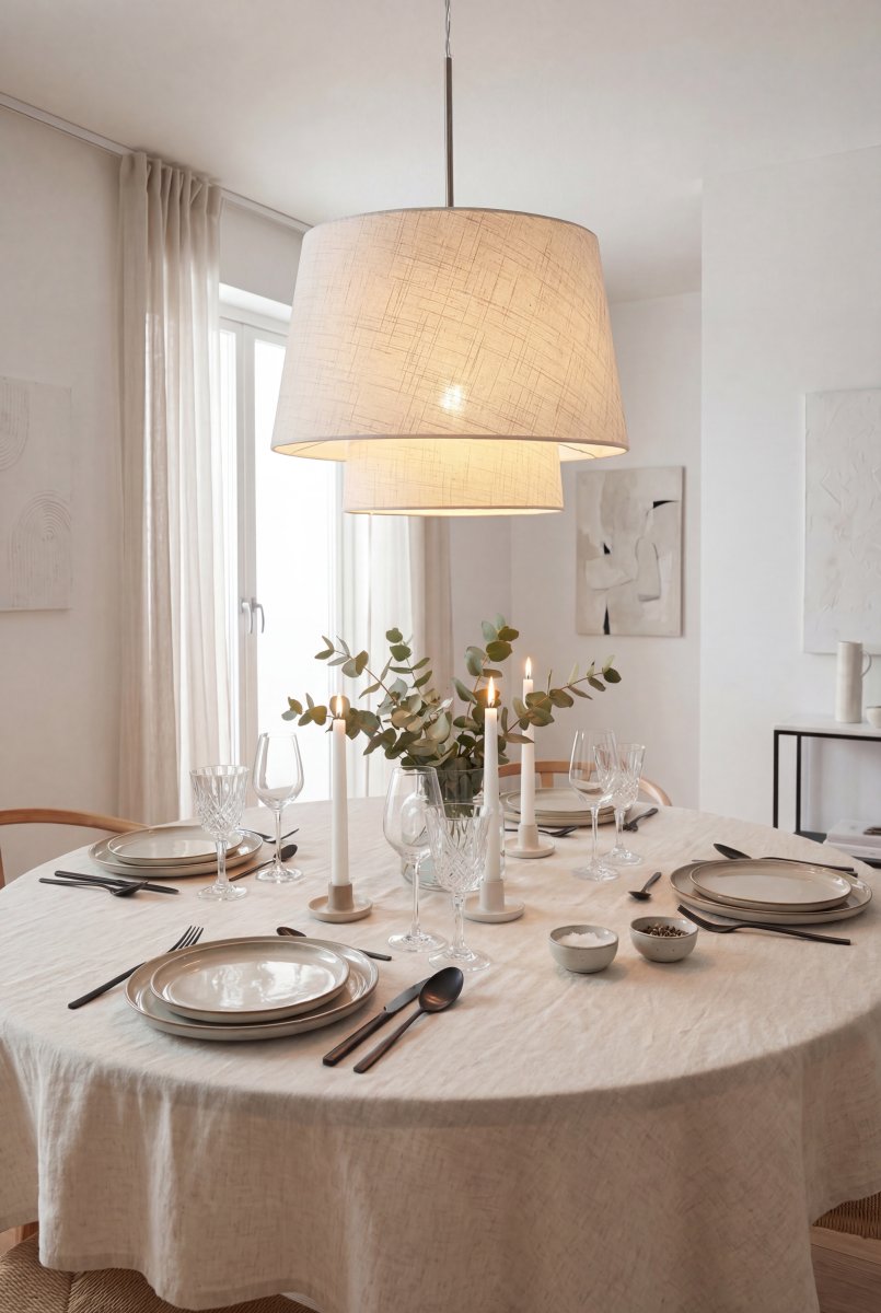 Doble Ø48 Beige hängelampe Von Aneta Lighting - Die Pendelleuchte Doble besticht durch ihr stilvolles und sanftes Design, bei dem zwei unterschiedlich gro&szlig;e Textilschirme in einer wundersch&ouml;nen Schichtung aufeinandertreffen.