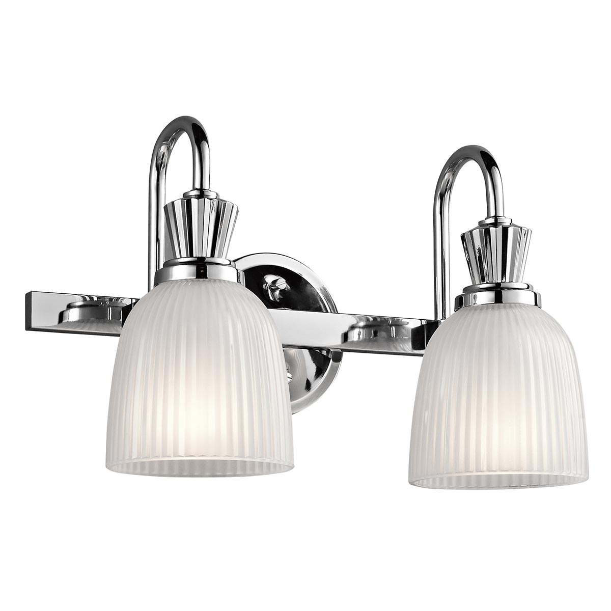Cora 40cm Chrom poliert badezimmerlampe Von Elstead Lighting - Die glockenförmigen Gläser mit gerippten Details und geätzter Innenseite schweben wunderschön auf dem Rahmen mit polierter Chromoberfläche und schaffen eine anspruchsvolle und stilvolle Lichtquelle für Badezimmerumgebungen.