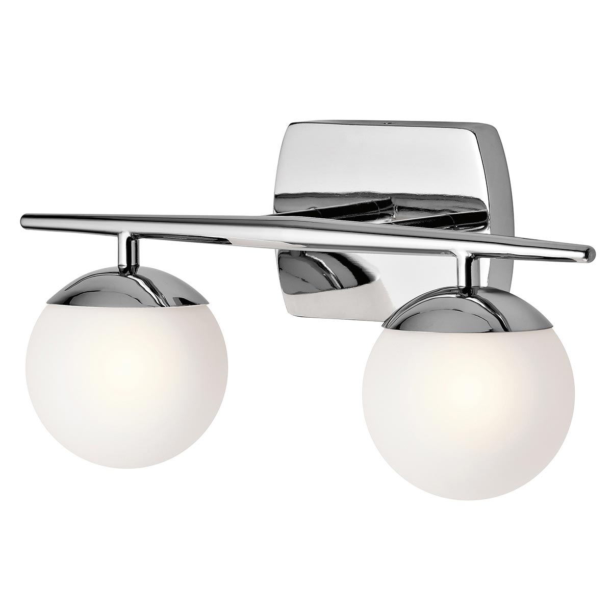 Jasper 42cm Chrom poliert badezimmerlampe Von Elstead Lighting - Die Jasper-Wandlampe verk&ouml;rpert die Moderne der 1950er Jahre mit ihrem eleganten, konischen Stiel und den Opalkugeln, die auf polierten Chromdetails ruhen.