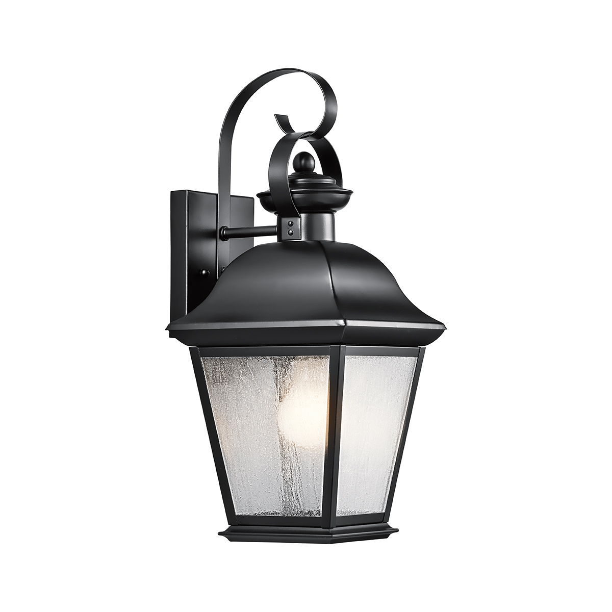 Mount Vernon Schwarz außenlampe Von Elstead Lighting - Die Leuchte ist aus schwarzem Metall gefertigt und mit Klarglas kombiniert, dessen markante, raue Struktur ihr einen lebendigen und charakteristischen Ausdruck verleiht.
